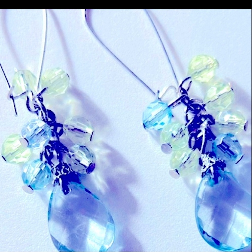 Earrings aqua & green tones, faceted teardrops, “crystals” new hooks NWOT